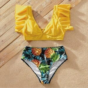 SPORLIKE Women Ruffle High Waist Swimsuit Two Pieces Push Up Tropical Print